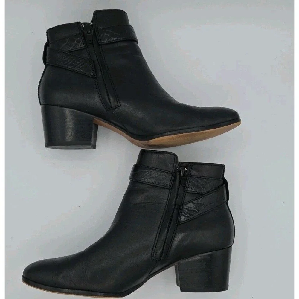 Coach Patricia Black Leather Ankle Booties Block Heel Side Zip Size 6.5B A00235